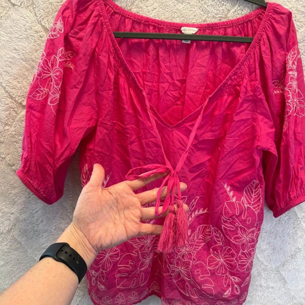 Hot Pink Embroidered Peasant Top Monstera Floral Tassel Puff Sleeve Blouse M - Picture 2 of 10